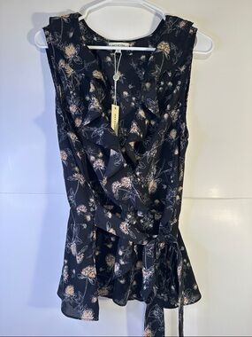 Max Studio Black Floral Ruffle Wrap top size L